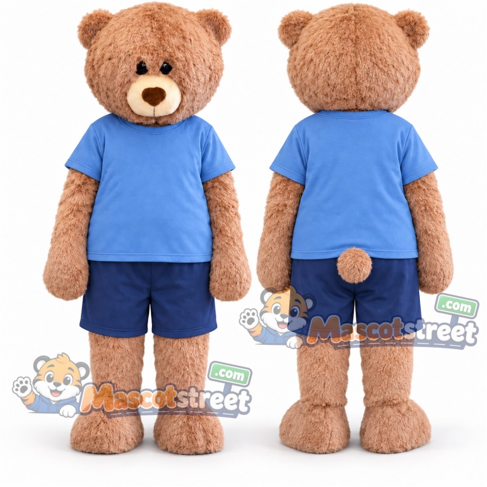 Tan Bear Mascot Costume with Light Blue Shirt and Navy Shorts Tan Bear Mascot Costume with Light Blue Shirt and Navy Shorts