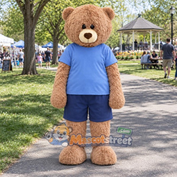 Tan Bear Mascot Costume with Light Blue Shirt and Navy Shorts