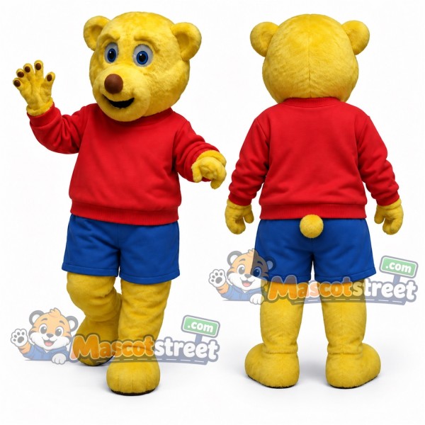 Yellow Bear Mascot Costume with Red Sweater and Blue Shorts