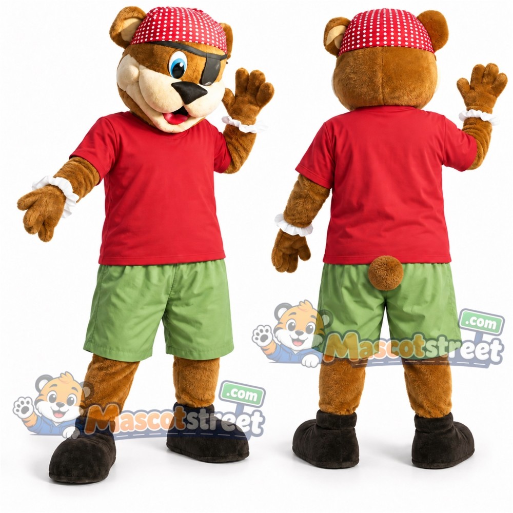 Brown Bear Pirate Mascot Costume with Red Shirt, Green Shorts and Striped Cap Brown Bear Pirate Mascot Costume with Red Shirt, Green Shorts and Striped Cap