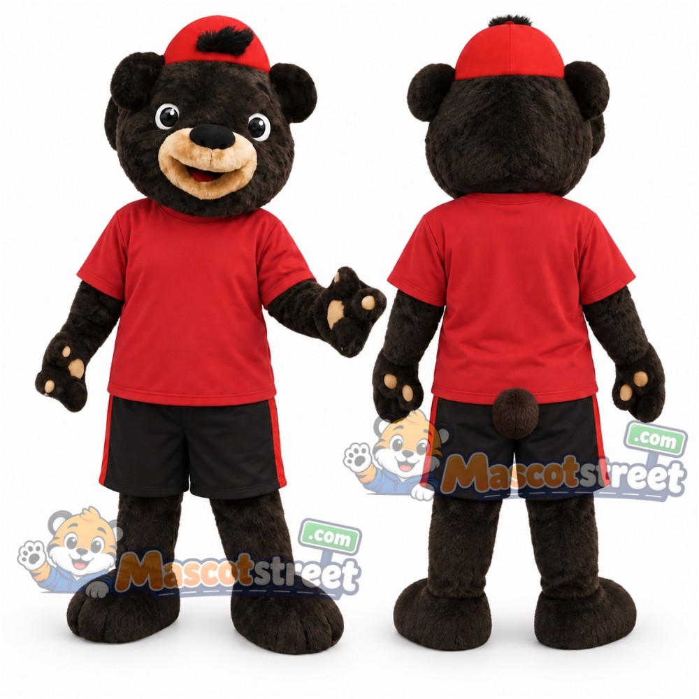 Black Bear Mascot Costume with Red Shirt, Black Shorts and Red Cap Black Bear Mascot Costume with Red Shirt, Black Shorts and Red Cap