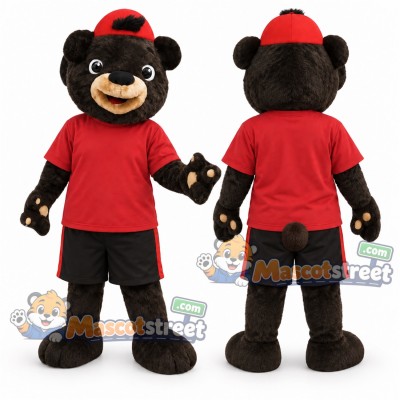 Black Bear Mascot Costume with Red Shirt, Black Shorts and Red Cap Black Bear Mascot Costume with Red Shirt, Black Shorts and Red Cap