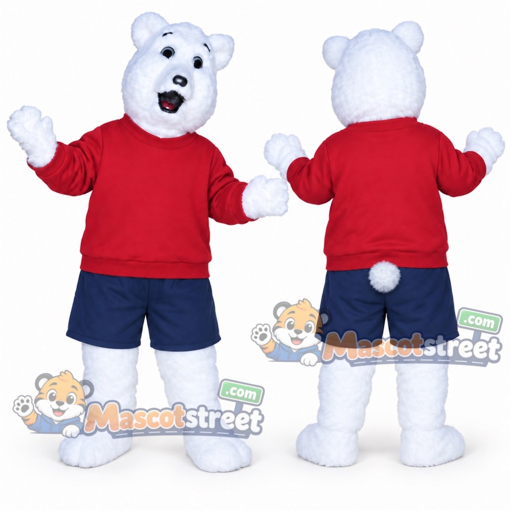 White Polar Bear Mascot Costume with Red Shirt and Navy Shorts White Polar Bear Mascot Costume with Red Shirt and Navy Shorts