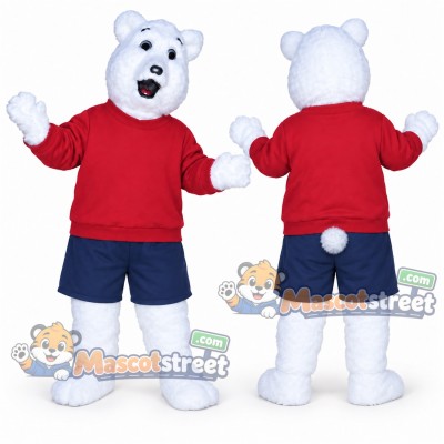 White Polar Bear Mascot Costume with Red Shirt and Navy Shorts White Polar Bear Mascot Costume with Red Shirt and Navy Shorts