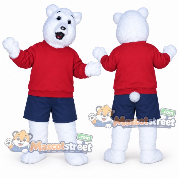 White Polar Bear Mascot Costume with Red Shirt and Navy Shorts