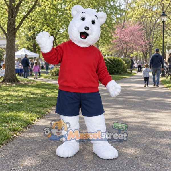 White Polar Bear Mascot Costume with Red Shirt and Navy Shorts
