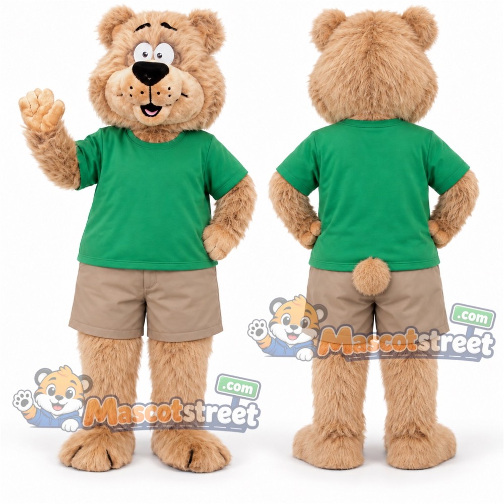 Tan Bear Mascot Costume with Green Shirt and Beige Shorts Tan Bear Mascot Costume with Green Shirt and Beige Shorts