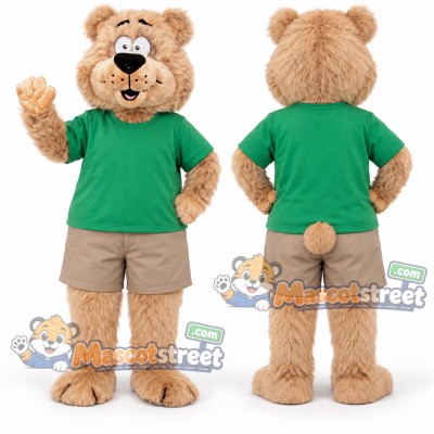 Tan Bear Mascot Costume with Green Shirt and Beige Shorts Tan Bear Mascot Costume with Green Shirt and Beige Shorts