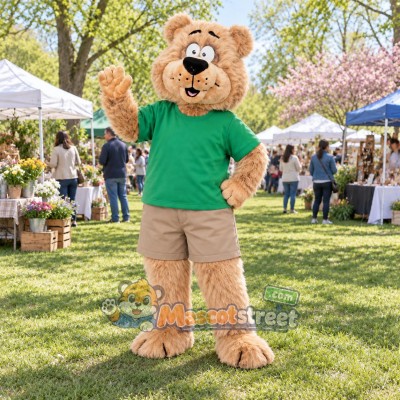 Tan Bear Mascot Costume with Green Shirt and Beige Shorts