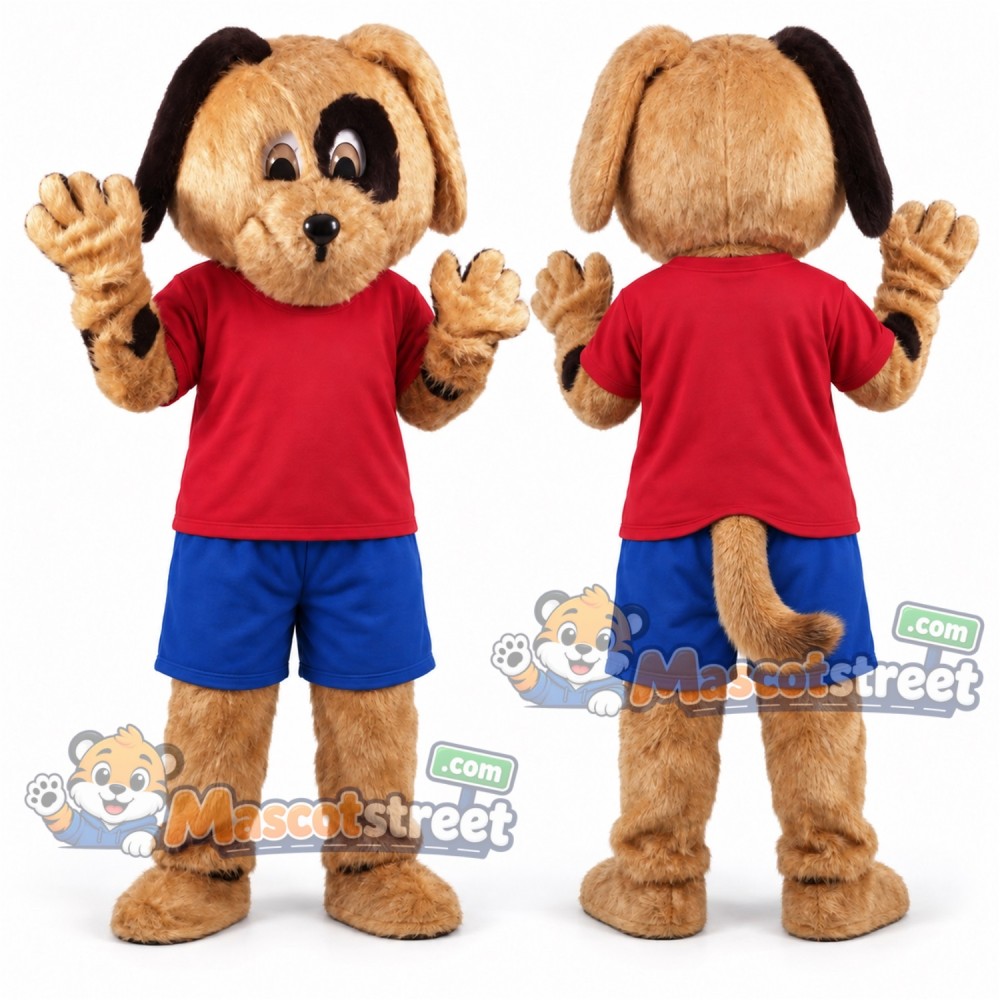 Tan Dog Mascot Costume with Red Shirt and Blue Shorts
