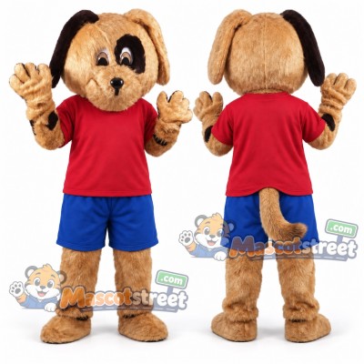 Tan Dog Mascot Costume with Red Shirt and Blue Shorts