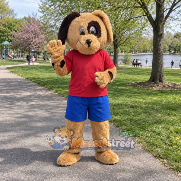 Tan Dog Mascot Costume with Red Shirt and Blue Shorts