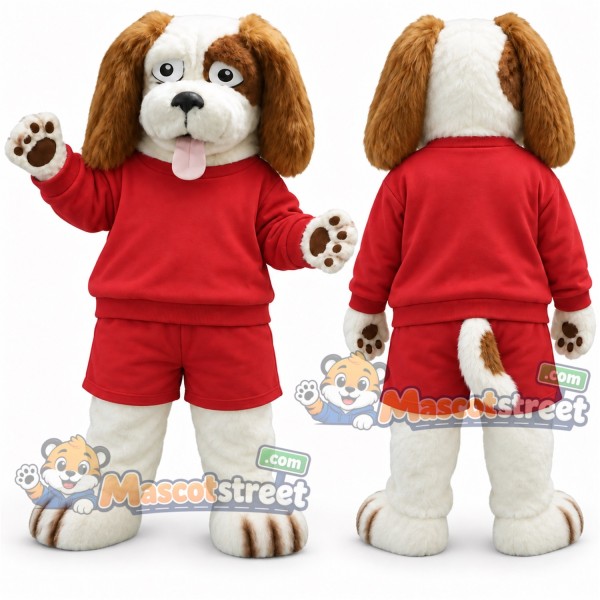 Brown and White Dog Mascot Costume with Red Shirt and Shorts