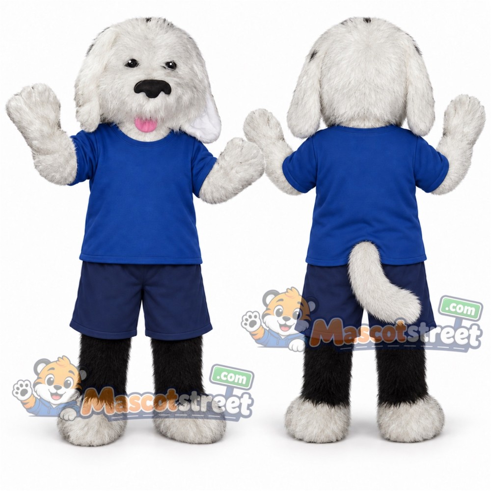 White Dog Mascot Costume with Blue Shirt and Navy Shorts White Dog Mascot Costume with Blue Shirt and Navy Shorts
