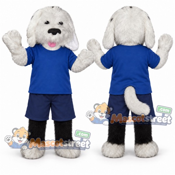 White Dog Mascot Costume with Blue Shirt and Navy Shorts