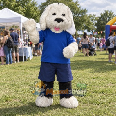 White Dog Mascot Costume with Blue Shirt and Navy Shorts
