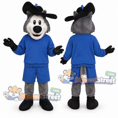 Gray Dog Musketeer Mascot Costume with Blue Shirt, Blue Shorts and Feathered Hat
