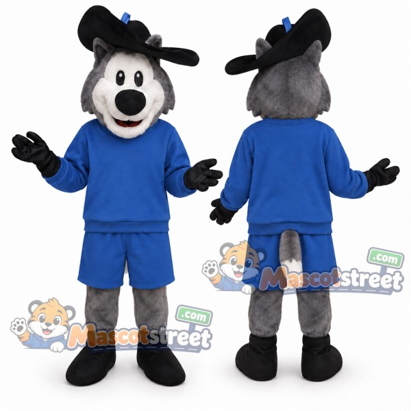 Gray Dog Musketeer Mascot Costume with Blue Shirt, Blue Shorts and Feathered Hat