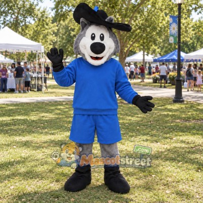 Gray Dog Musketeer Mascot Costume with Blue Shirt, Blue Shorts and Feathered Hat