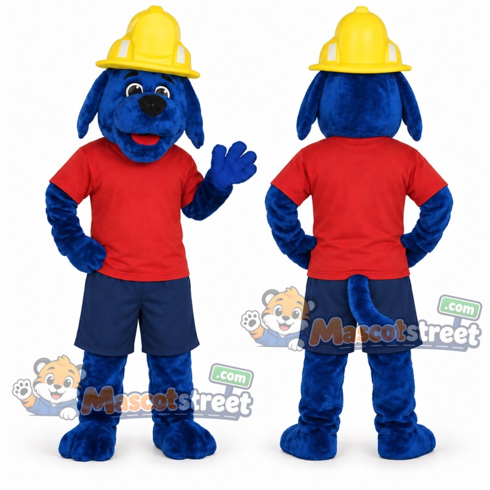 Blue Firefighter Dog Mascot Costume with Red Shirt, Navy Shorts and Yellow Helmet