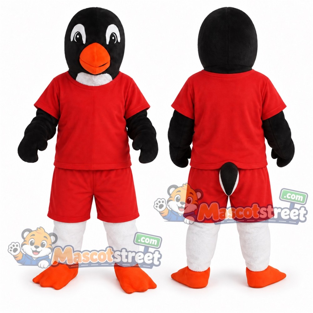Black and White Penguin Mascot Costume with Red Shirt and Shorts Black and White Penguin Mascot Costume with Red Shirt and Shorts