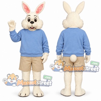 Cream Rabbit Mascot Costume with Light Blue Sweater and Beige Shorts Cream Rabbit Mascot Costume with Light Blue Sweater and Beige Shorts
