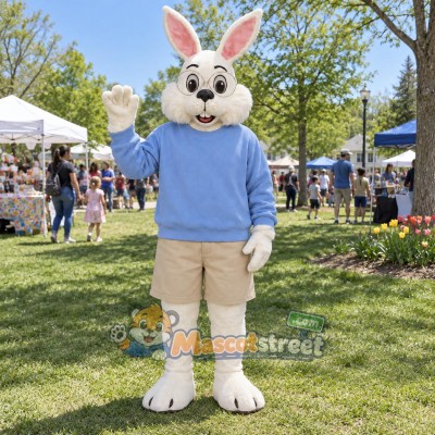 Cream Rabbit Mascot Costume with Light Blue Sweater and Beige Shorts Cream Rabbit Mascot Costume with Light Blue Sweater and Beige Shorts