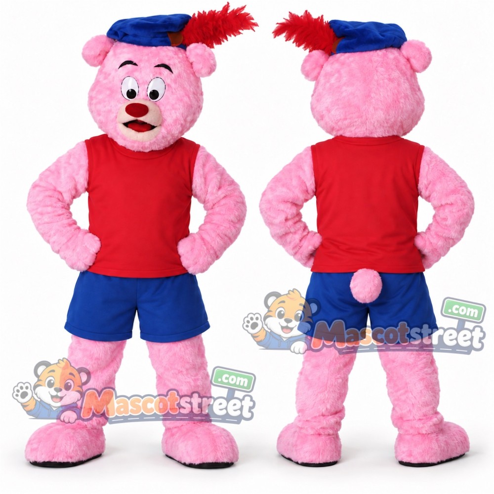 Pink Bear Mascot Costume with Red Shirt, Blue Shorts and Feathered Cap Pink Bear Mascot Costume with Red Shirt, Blue Shorts and Feathered Cap