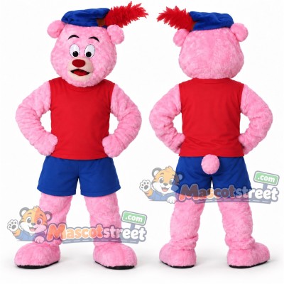 Pink Bear Mascot Costume with Red Shirt, Blue Shorts and Feathered Cap Pink Bear Mascot Costume with Red Shirt, Blue Shorts and Feathered Cap