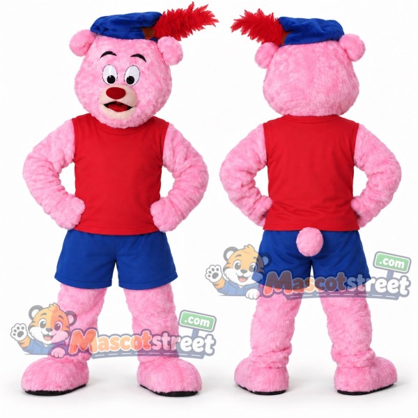 Pink Bear Mascot Costume with Red Shirt, Blue Shorts and Feathered Cap