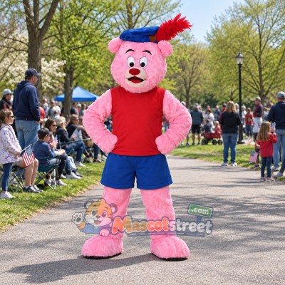 Pink Bear Mascot Costume with Red Shirt, Blue Shorts and Feathered Cap Pink Bear Mascot Costume with Red Shirt, Blue Shorts and Feathered Cap