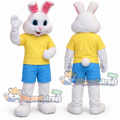 White Rabbit Mascot Costume with Yellow Shirt and Blue Shorts