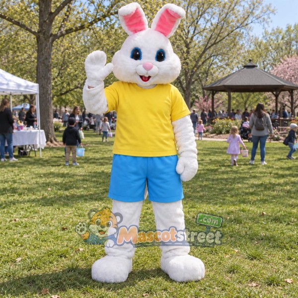 White Rabbit Mascot Costume with Yellow Shirt and Blue Shorts