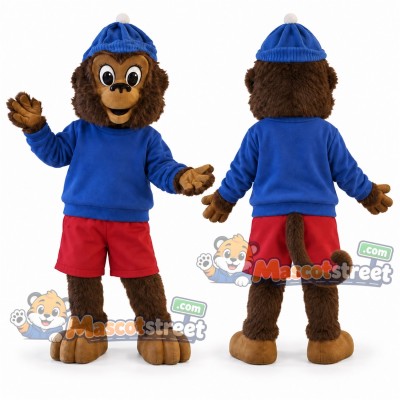 Brown Monkey Mascot Costume with Blue Shirt, Red Shorts and Blue Knit Hat Brown Monkey Mascot Costume with Blue Shirt, Red Shorts and Blue Knit Hat