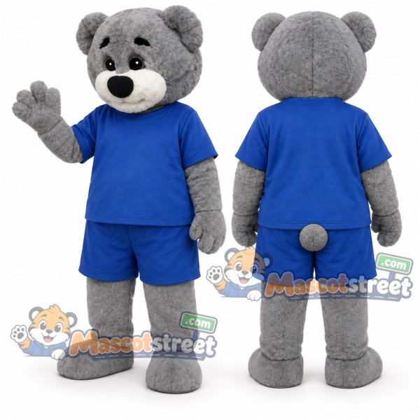Gray Bear Mascot Costume with Blue Shirt and Shorts