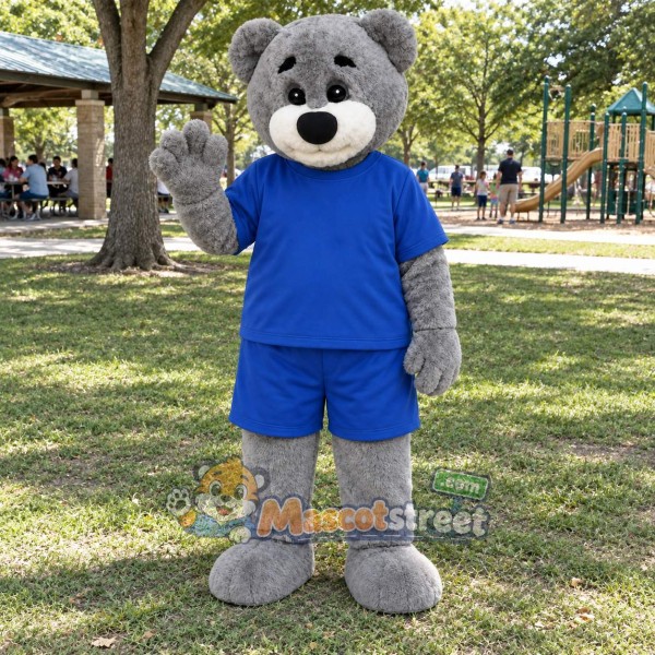 Gray Bear Mascot Costume with Blue Shirt and Shorts