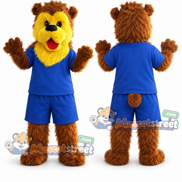 Brown Bear with Yellow Face Mascot Costume with Blue Shirt and Shorts