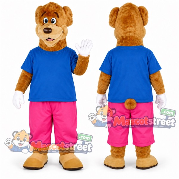 Tan Bear Mascot Costume with Blue Shirt and Pink Pants