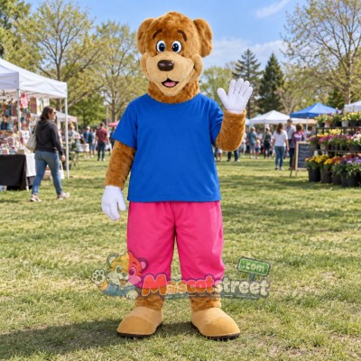 Tan Bear Mascot Costume with Blue Shirt and Pink Pants