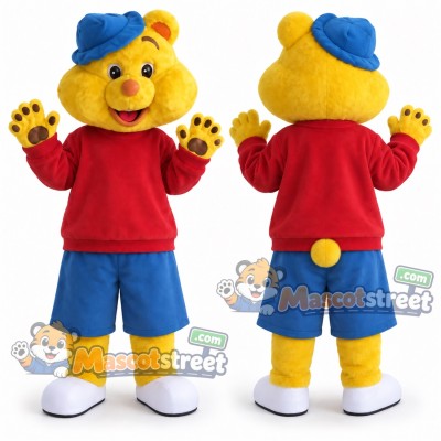 Yellow Bear Mascot Costume with Red Shirt, Blue Shorts and Blue Hat Yellow Bear Mascot Costume with Red Shirt, Blue Shorts and Blue Hat