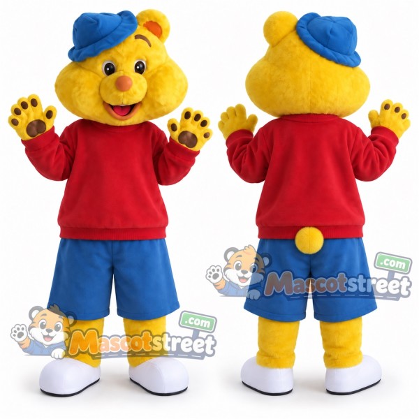 Yellow Bear Mascot Costume with Red Shirt, Blue Shorts and Blue Hat