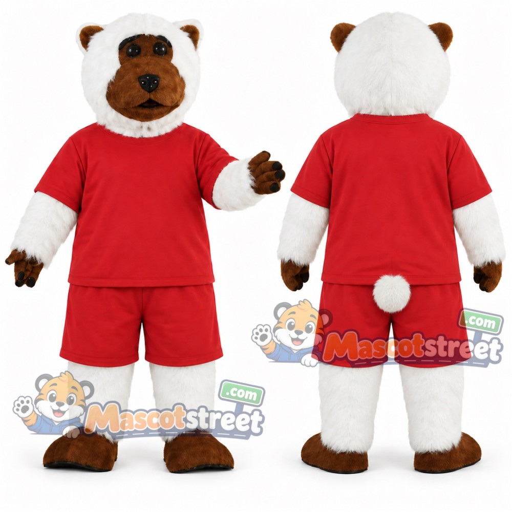 White and Brown Bear Mascot Costume with Red Shirt and Shorts