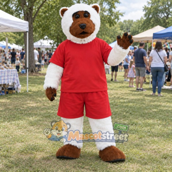 White and Brown Bear Mascot Costume with Red Shirt and Shorts