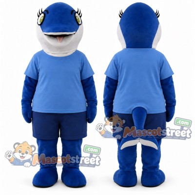 Blue Shark Mascot Costume with Light Blue Shirt and Navy Shorts Blue Shark Mascot Costume with Light Blue Shirt and Navy Shorts