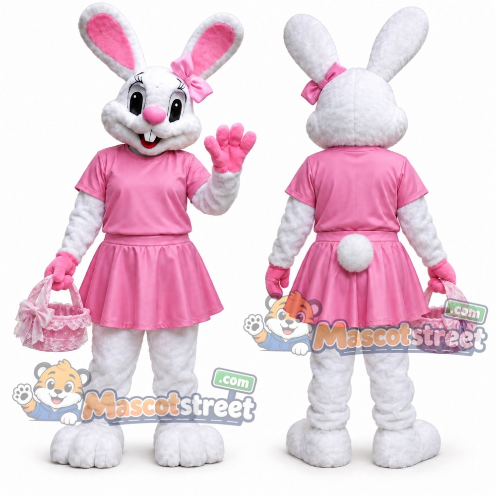 White Rabbit Mascot Costume with Pink Dress