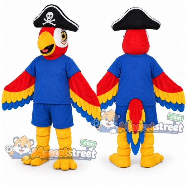 Red Parrot Pirate Mascot Costume with Blue Shirt, Blue Shorts and Pirate Hat