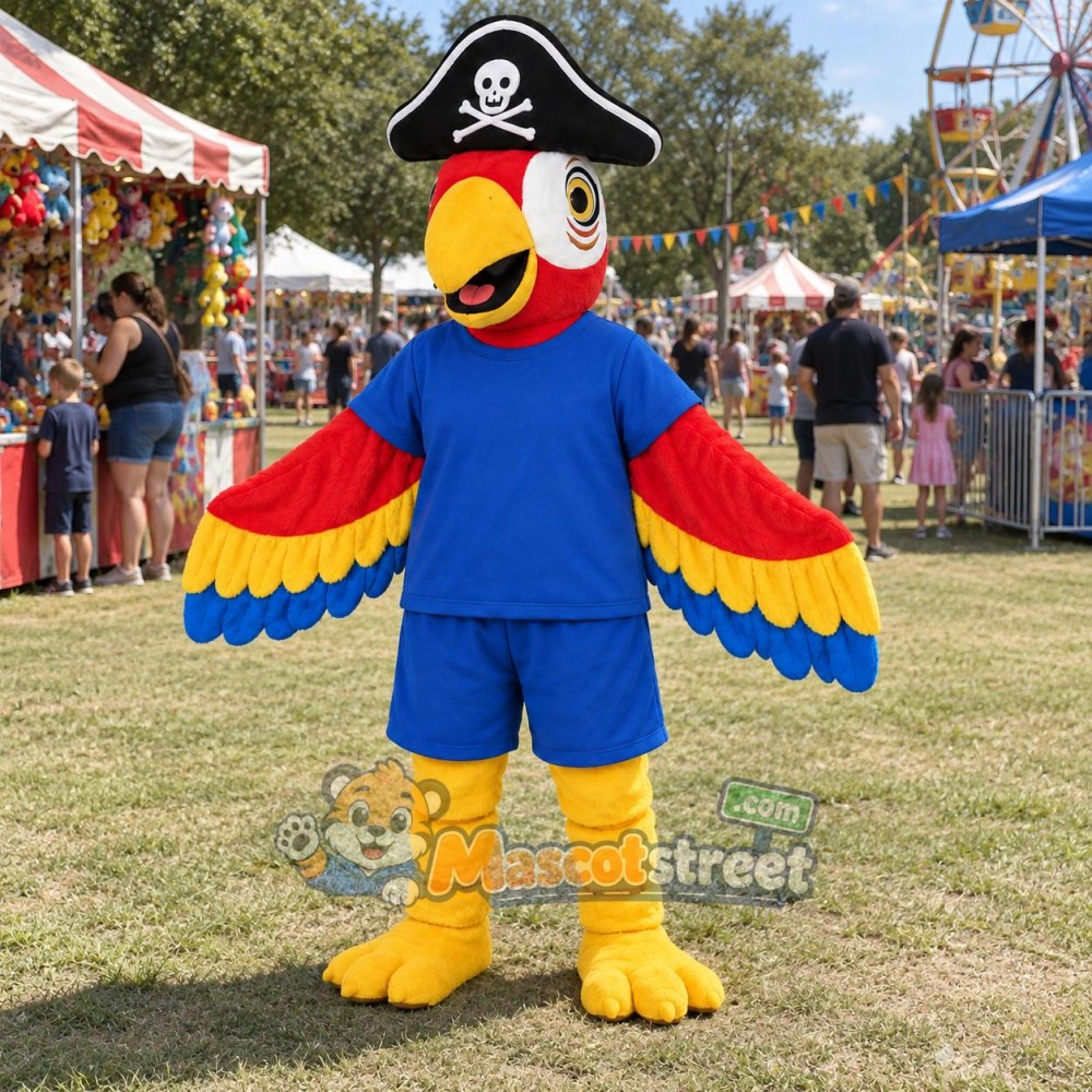 Red Parrot Pirate Mascot Costume with Blue Shirt, Blue Shorts and Pirate Hat Red Parrot Pirate Mascot Costume with Blue Shirt, Blue Shorts and Pirate Hat
