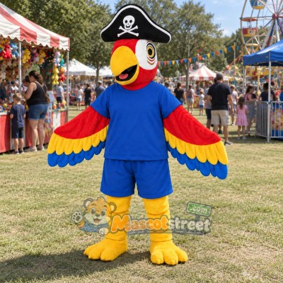 Red Parrot Pirate Mascot Costume with Blue Shirt, Blue Shorts and Pirate Hat Red Parrot Pirate Mascot Costume with Blue Shirt, Blue Shorts and Pirate Hat
