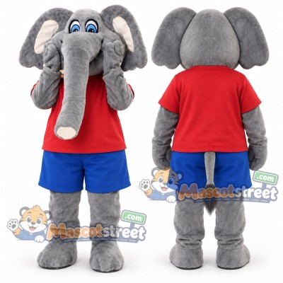 Gray Elephant Mascot Costume with Red Shirt and Blue Shorts Gray Elephant Mascot Costume with Red Shirt and Blue Shorts