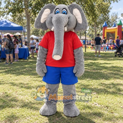 Gray Elephant Mascot Costume with Red Shirt and Blue Shorts Gray Elephant Mascot Costume with Red Shirt and Blue Shorts